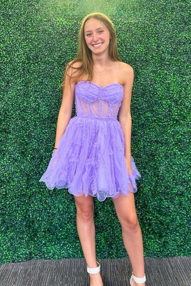 Lavender Strapless Ruffles A-line Tulle Homecoming Dress