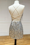 Silver Deep V Neck Lace-Up Sequins Sheath Homecoming Dress with Tassels
