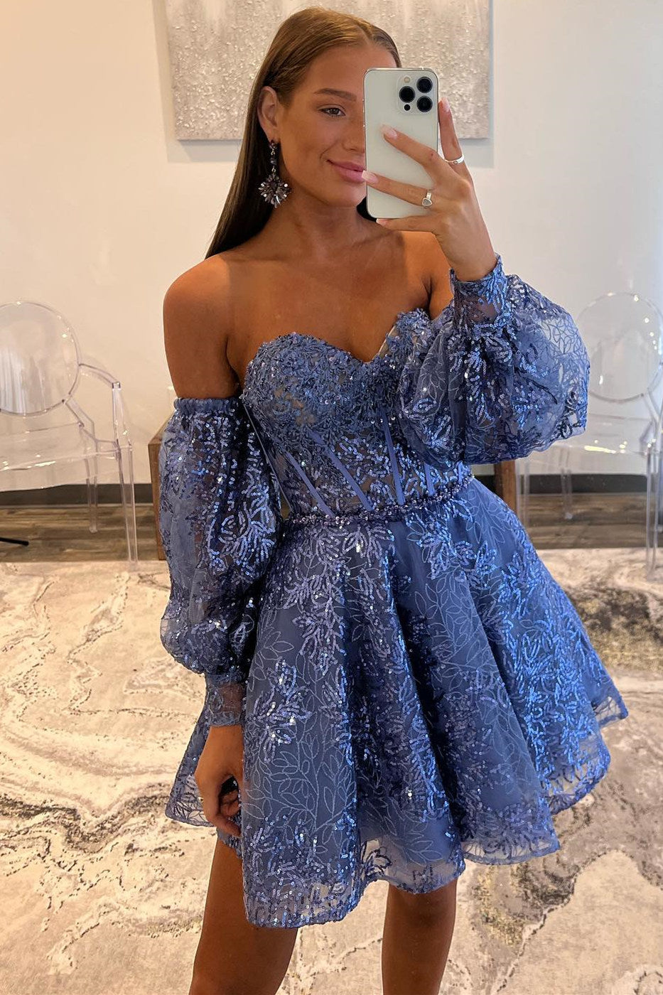 Blue Strapless Sequin-Embroidered Homecoming Dress with Detachable Sle