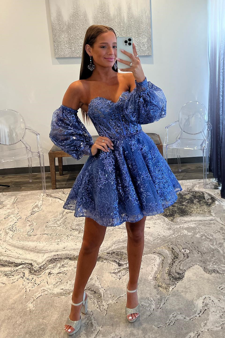 Blue Strapless Sequin-Embroidered Homecoming Dress with Detachable Sle