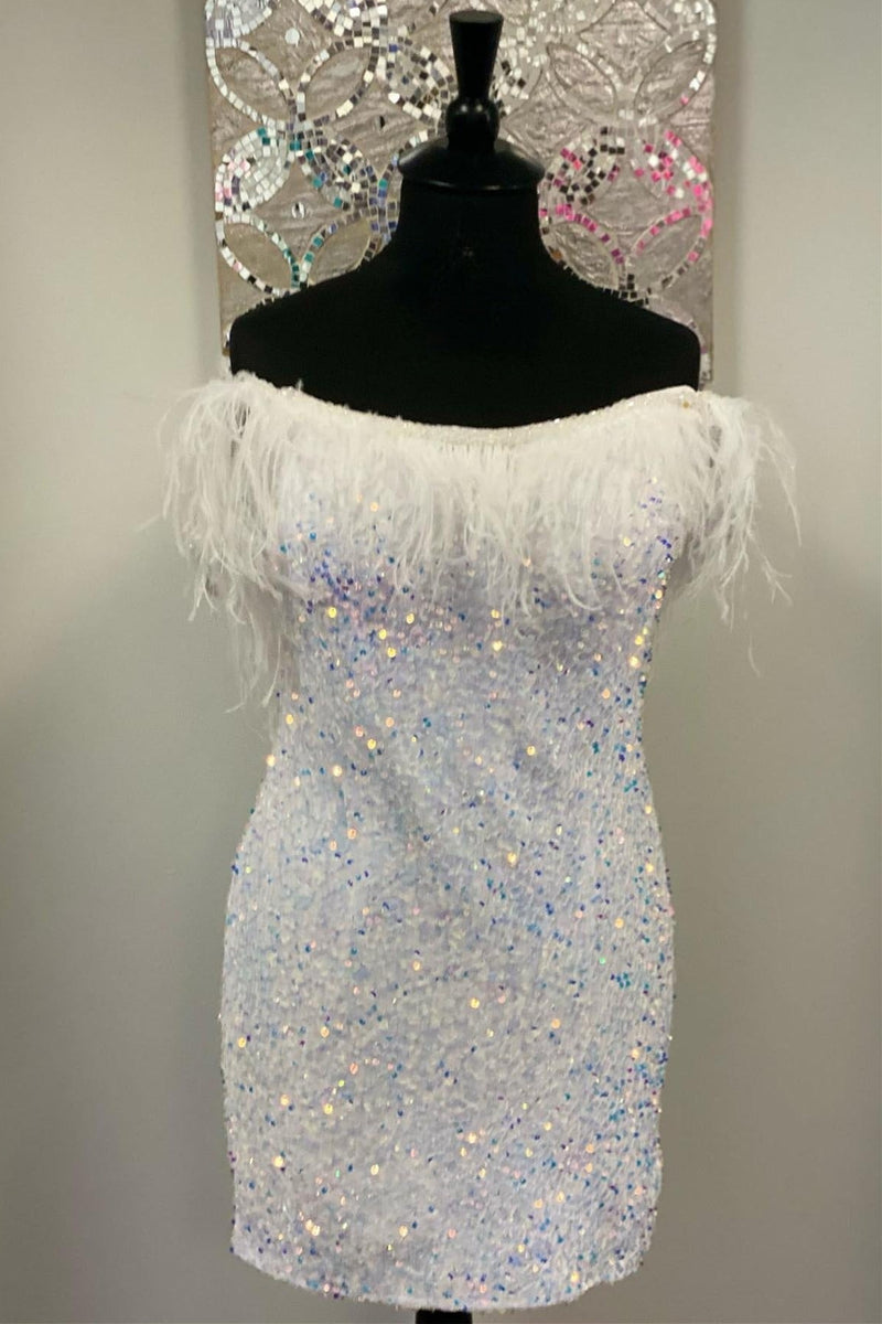 White Strapless Sequins Bodycon Homecoming Dress with Feathers