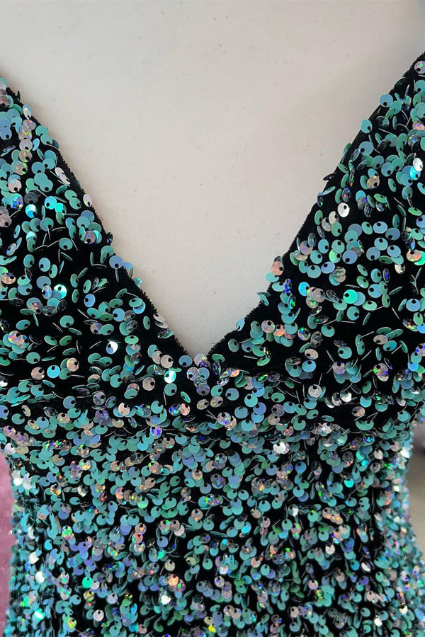 Hunter Green Plunging V Neck Sequins Lace-Up Sheath Homecoming Dress