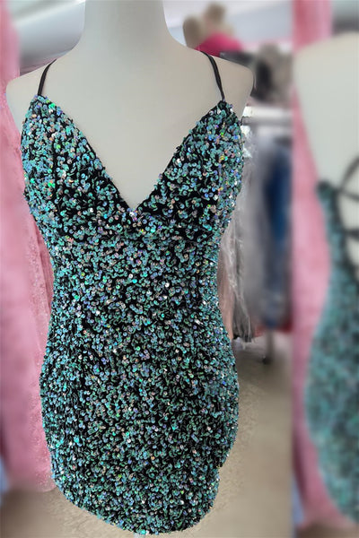 Hunter Green Plunging V Neck Sequins Lace-Up Sheath Homecoming Dress