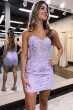 Light Blue Straps Sheer Corset Short Homecoming Dress with Appliques