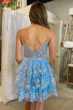 A- Line Light Blue Sequins Multi-Layers Short Homecoming Dress