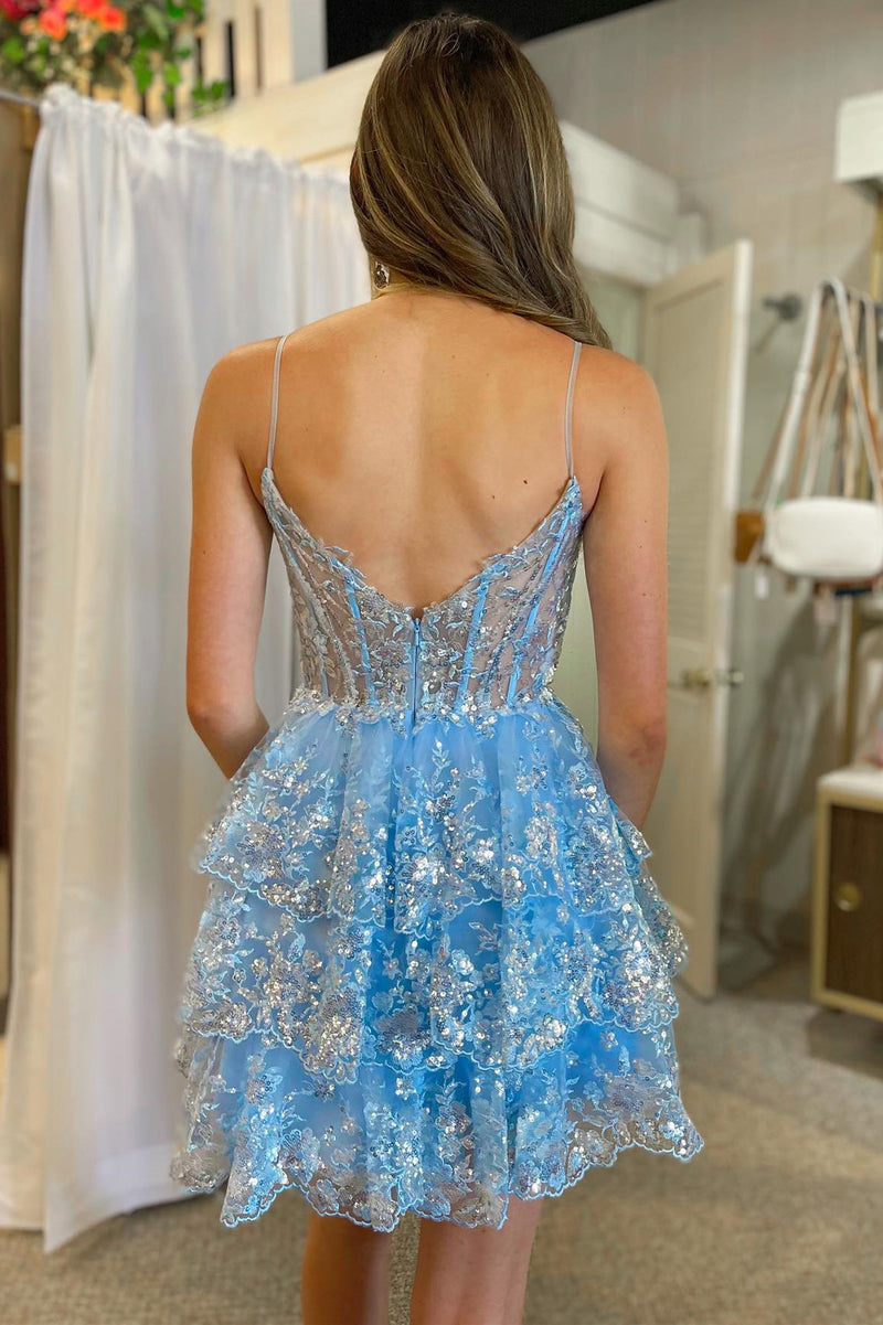A- Line Light Blue Sequins Multi-Layers Short Homecoming Dress