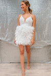 Cute White Straps Feathers Short Homecoming Dress with Pearls