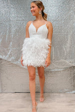 Cute White Straps Feathers Short Homecoming Dress with Pearls