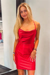 Straps Red Cowl Neck Short Tight Homecoming Dress