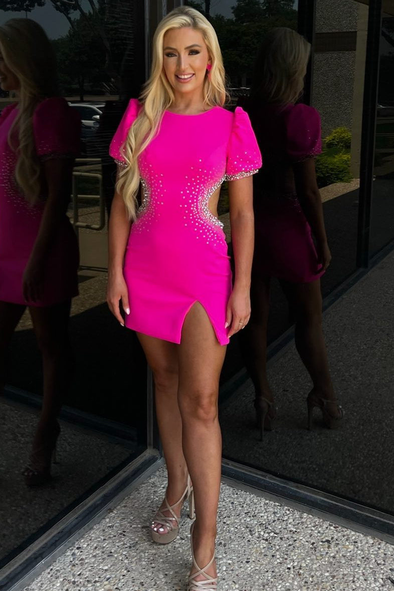 Hot Pink Cutout Beaded Short Homecoming Dress with Puff Sleeves FancyVestido Hot Pink Cutout Beaded Short Homecoming Dress with Puff Sleeves FancyVestido