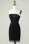Strapless Black Ruffles Lace Tight Homecoming Dress with Rhinestones