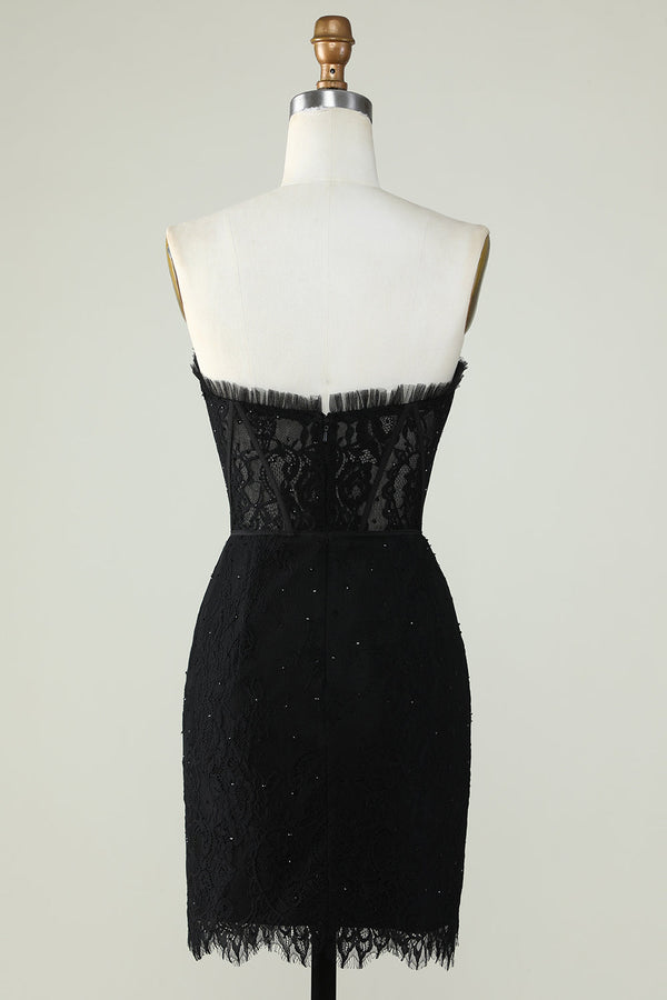 Strapless Black Ruffles Lace Tight Homecoming Dress with Rhinestones
