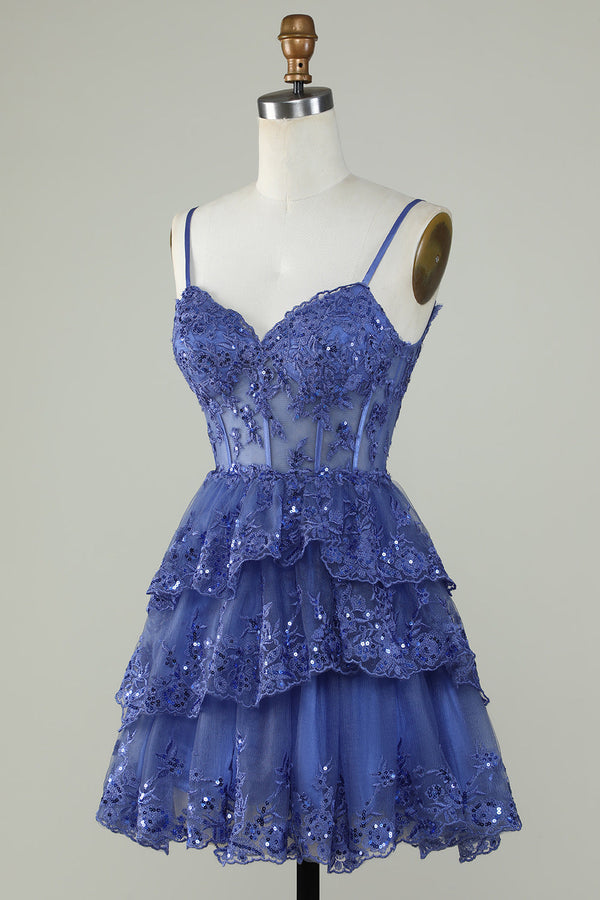 Straps Lavender Sequins Corset Layered Homecoming Dress