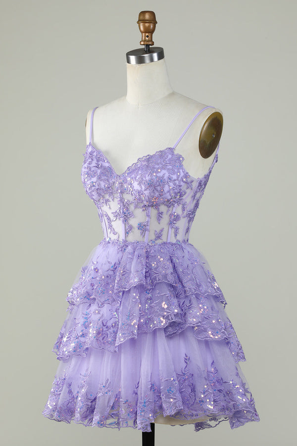 Straps Lavender Sequins Corset Layered Homecoming Dress