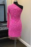 Hot Pink One Shoulder Cutout Long Sleeve Short homecoming Dress with Tassel
