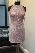 Glitter High Neck Sequins Tight Homecoming Dress with Fringes