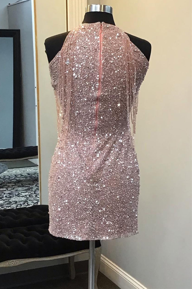 Glitter High Neck Sequins Tight Homecoming Dress with Fringes