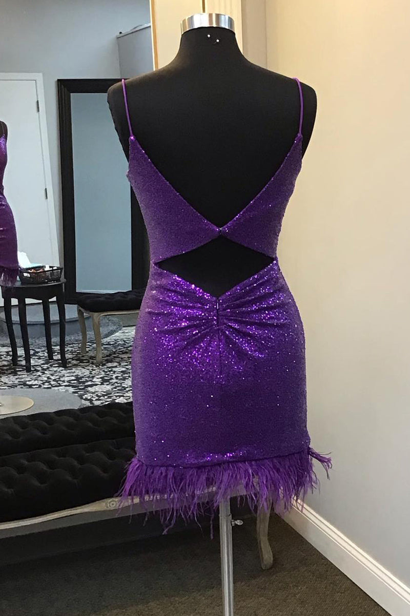 V-Neck Purple Sequins Homecoming Dress with Feather Hem