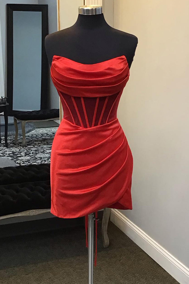 Strapless Pleated Red Satin Homecoming Dress