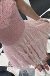 Sweetheart Pink Grid Short homecoming Dress with Feathers