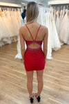 Tight Red V-Neck Short Homecoming Dress with Rhinestones