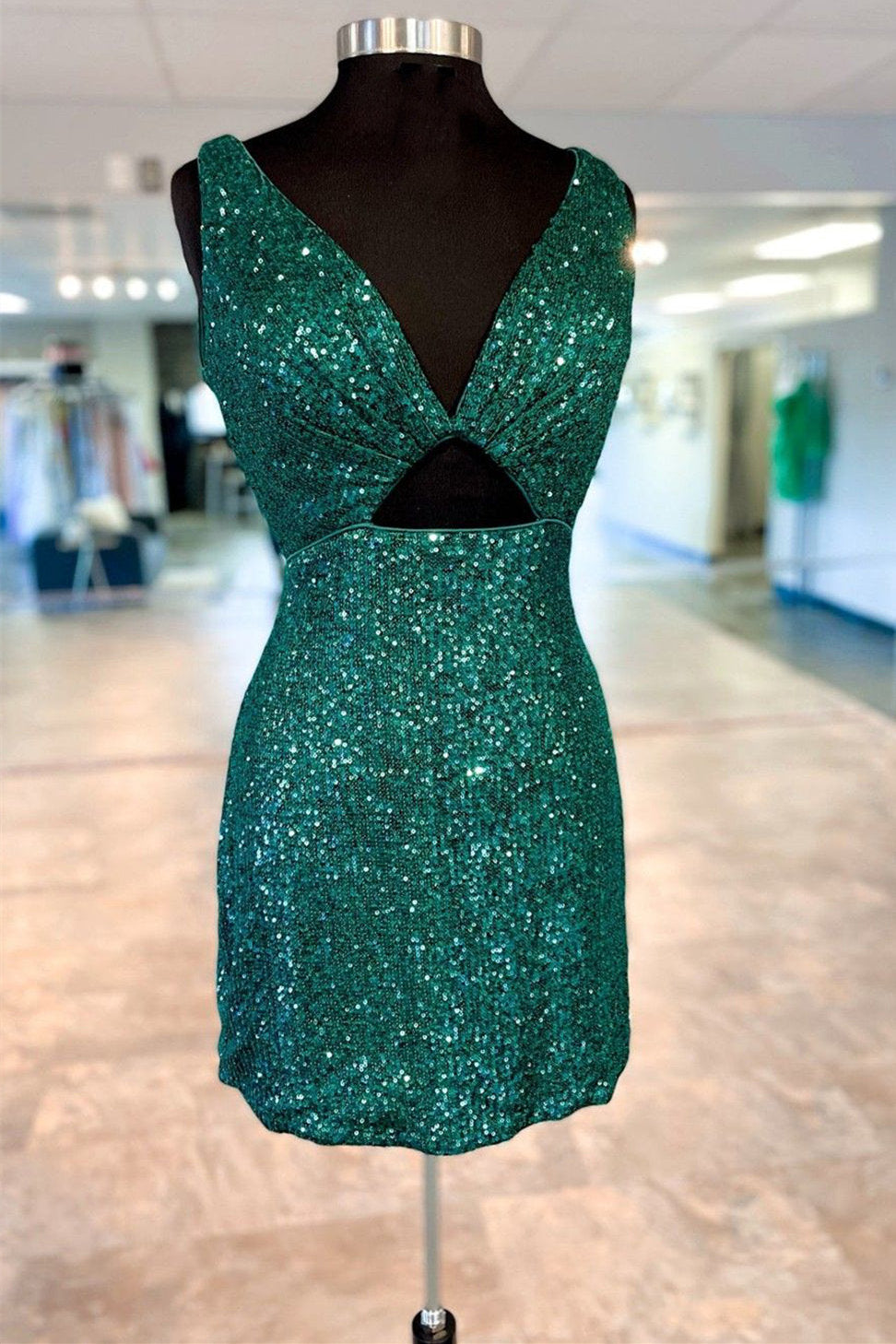 V-Neck Hunter Green Sequin Cutout Short Homecoming Dress  FancyVestido