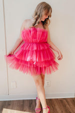 Cute Hot Pink Strapless Tiered Tulle Party Dress