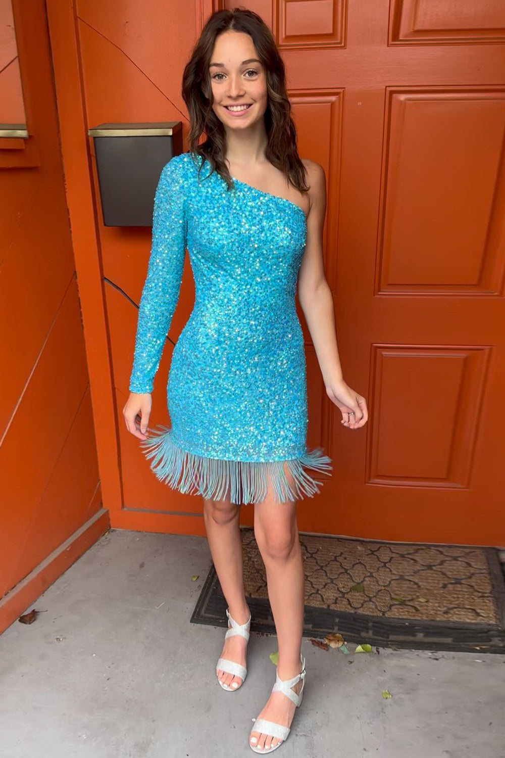 Pool Blue One Shoulder Long Sleeve Tight Homecoming Dress with Tassel FancyVestido Pool Blue One Shoulder Long Sleeve Tight Homecoming Dress with Tassel FancyVestido