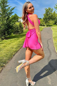 pink dress homecoming Gorgeous Sleeveless V-neck Straps Dresses Check backless short pink party dresses for homecoming KissProm Bodycon Sweetheart Pink Satin