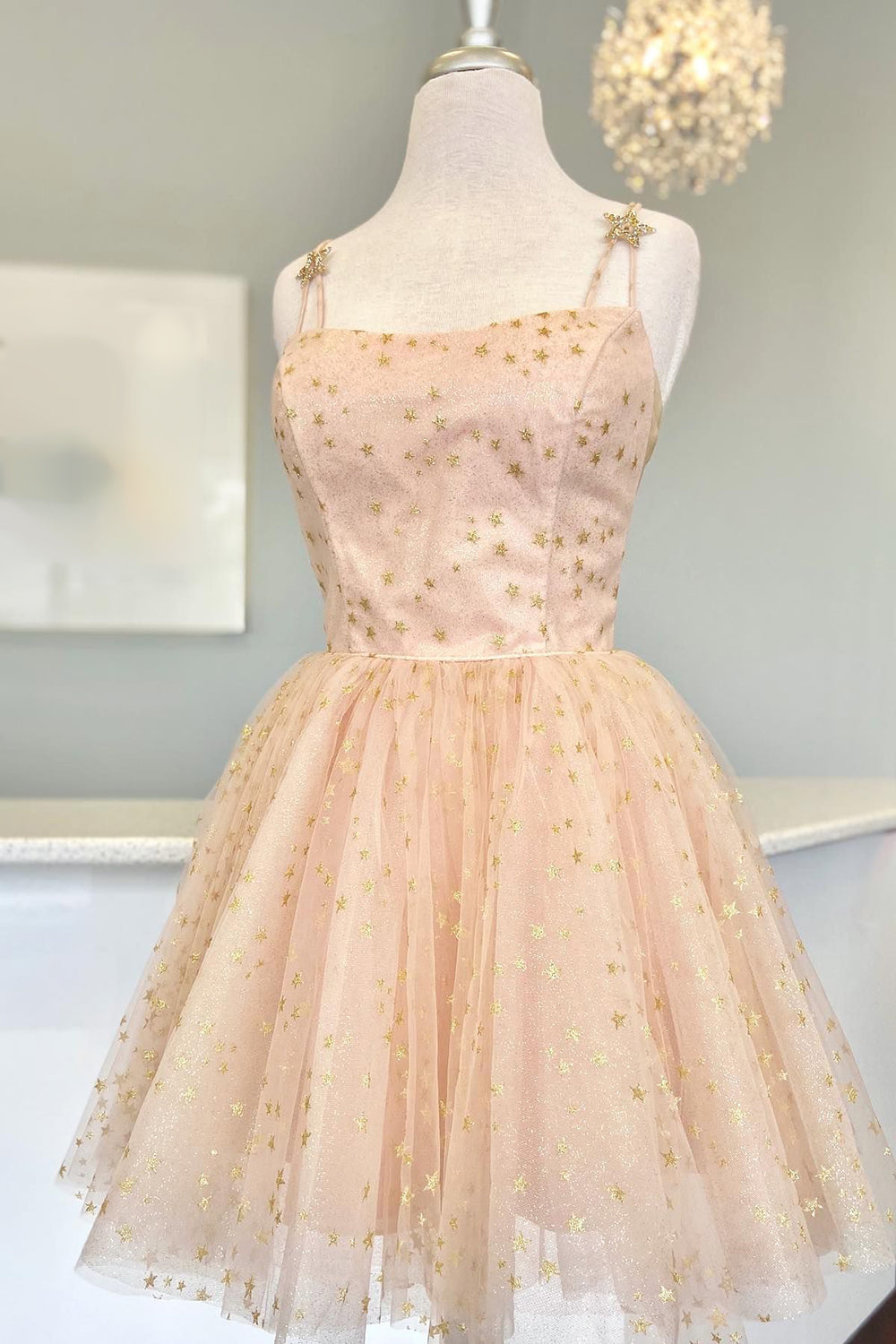 Straps Pink A-Line Tulle Homecoming Dress with Gold Stars FancyVestido Straps Pink A-Line Tulle Homecoming Dress with Gold Stars FancyVestido