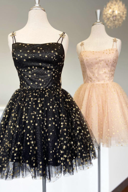 Straps Pink A-Line Tulle Homecoming Dress with Gold Stars