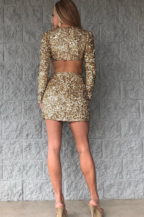 Gold Sequins Side Cutout Tight Short Homecoming Dress