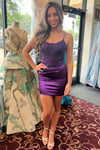 Double Straps Purple Appliques Short Homecoming Dress with Rhinestones