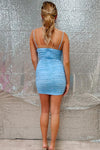 Straps Light Blue Pearls Pleated Tight Homecoming Dress
