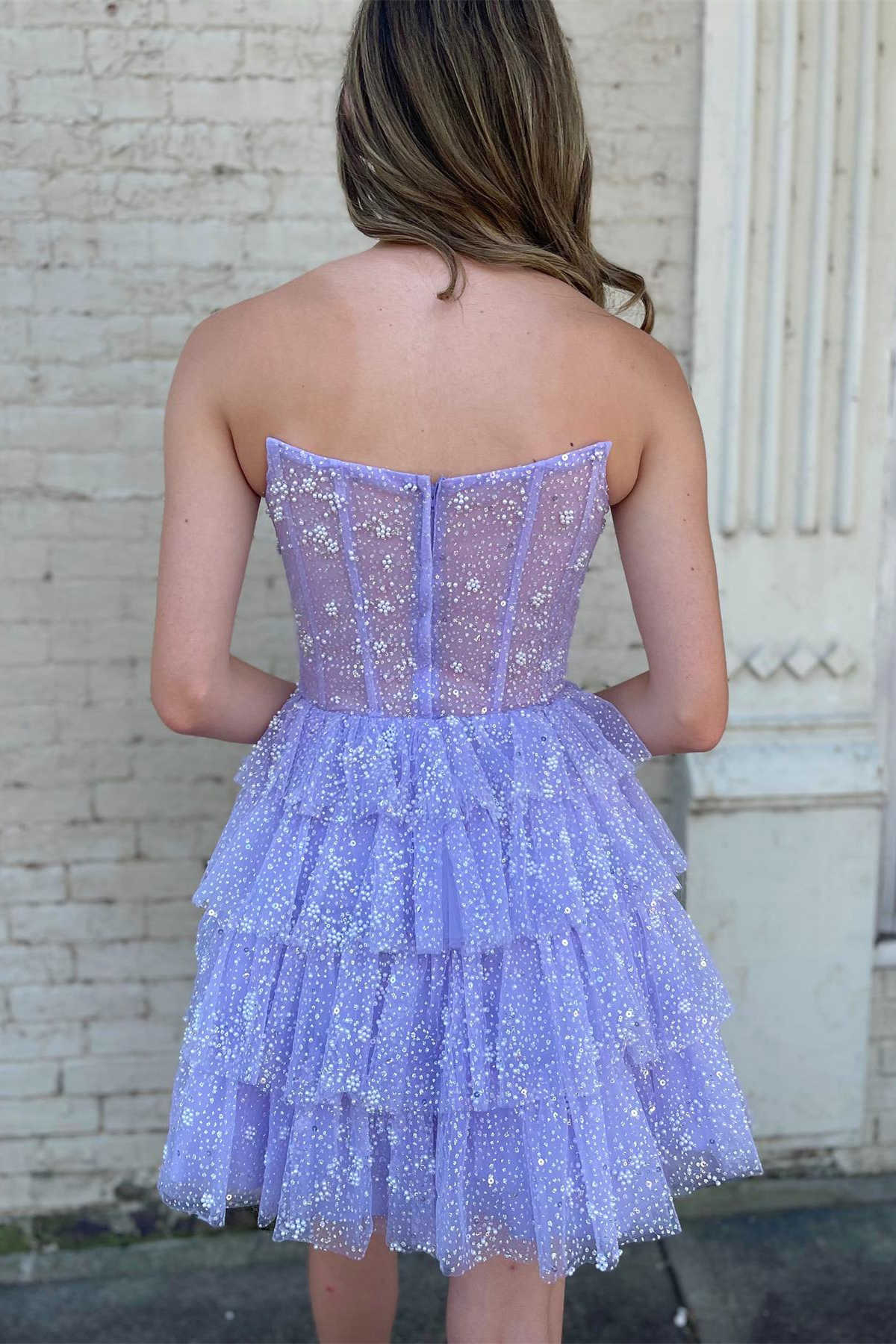 Glitter Lavender Strapless Short Dress with Beads FancyVestido