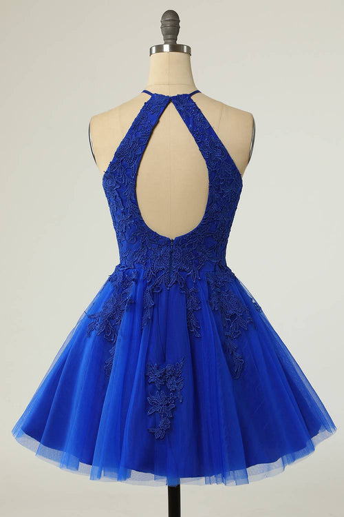 Halter Royal Blue Short Homecoming Dress with Appliques