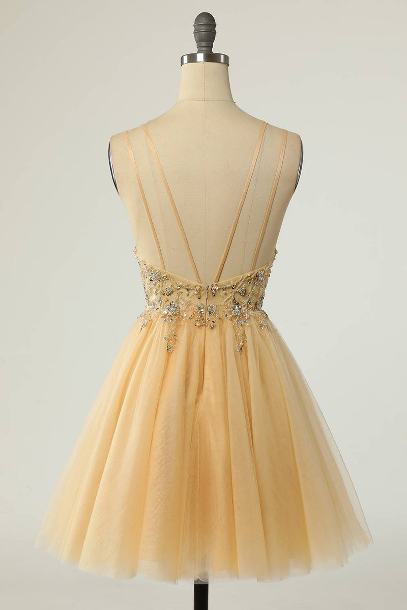 Straps Yellow Beaded Tulle Short Homecoming Dress