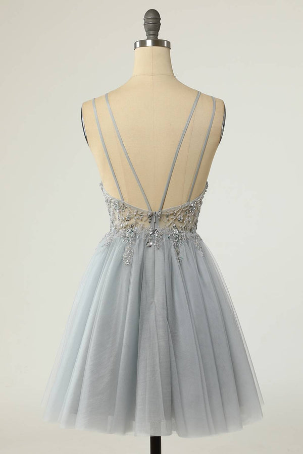 Straps Yellow Beaded Tulle Short Homecoming Dress