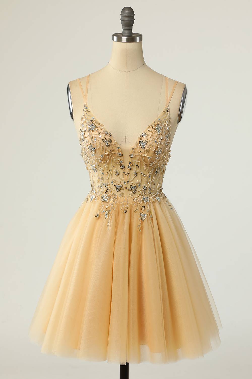 Straps Yellow Beaded Tulle Short Homecoming Dress