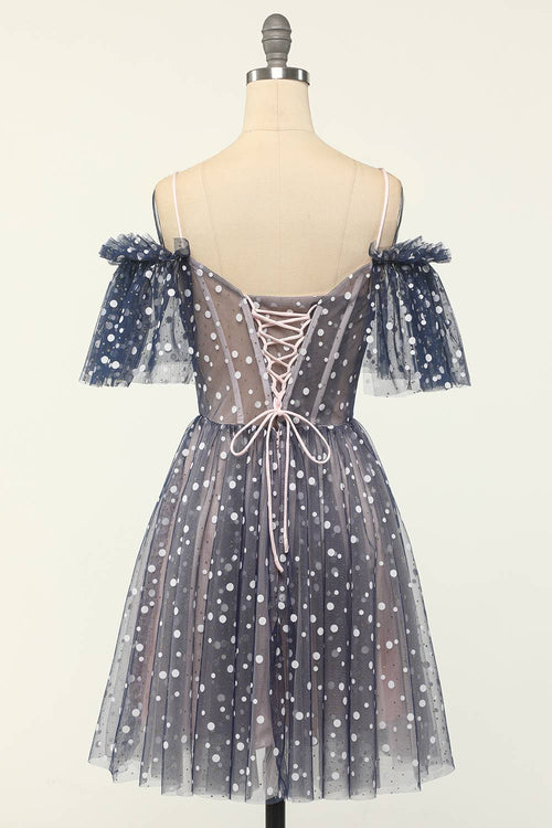 Off the Shoulder Navy Blue Polka Dots Tulle Homecoming Dress