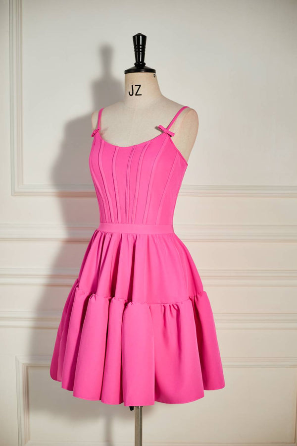 A-Line Hot Pink Straps Tiered Short Homecoming Dress