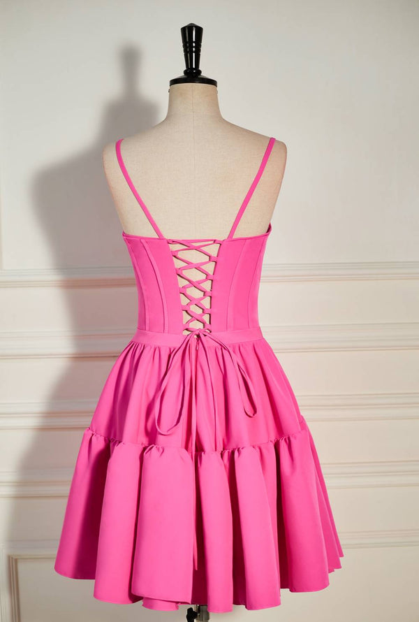 A-Line Hot Pink Straps Tiered Short Homecoming Dress