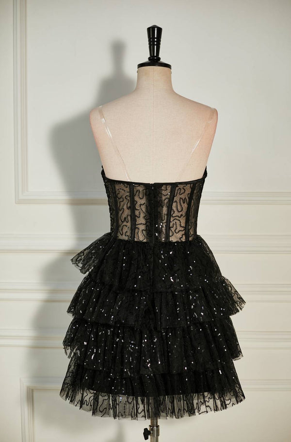 Strapless Black Sequins Multi-Layers Short Homecoming Dress