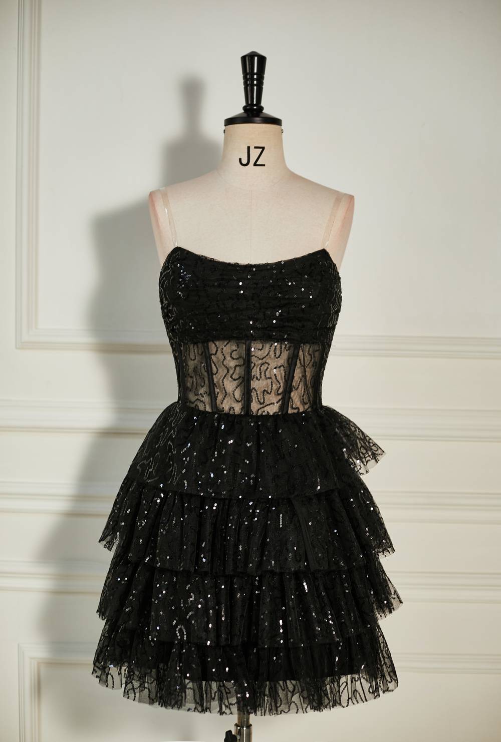 Strapless Black Sequins Multi-Layers Short Homecoming Dress