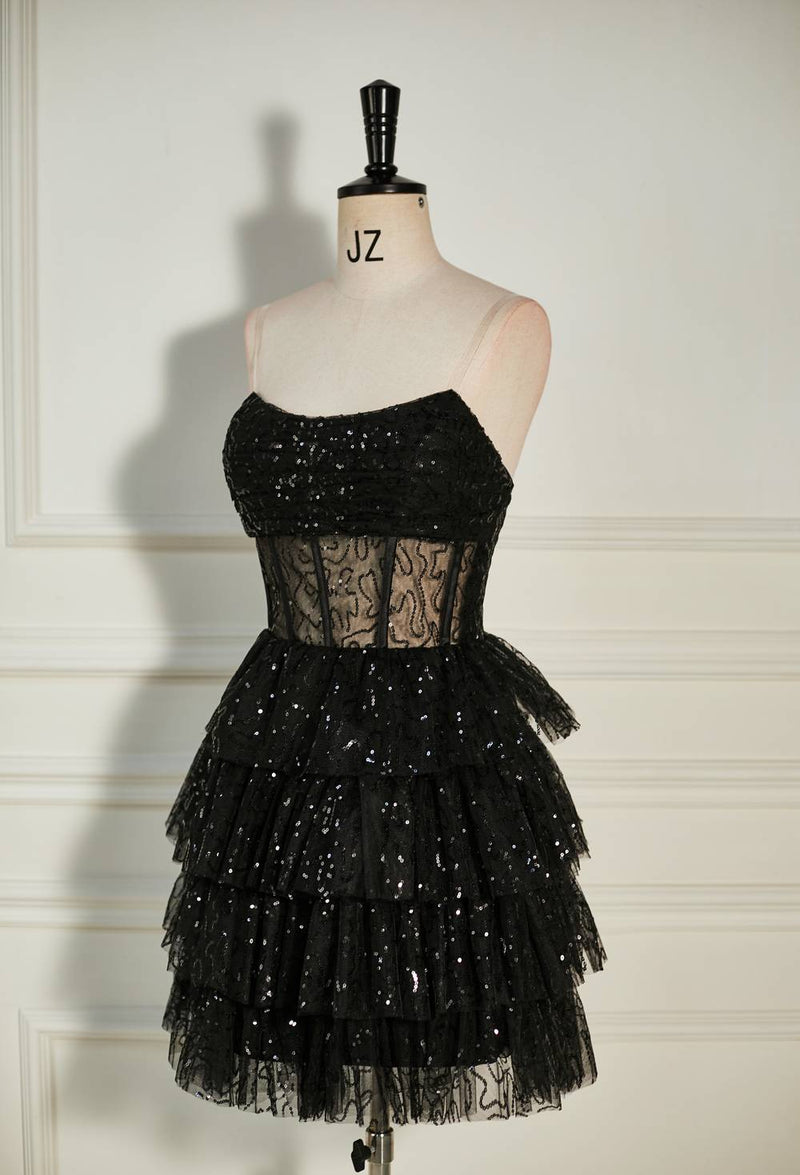 Strapless Black Sequins Multi-Layers Short Homecoming Dress