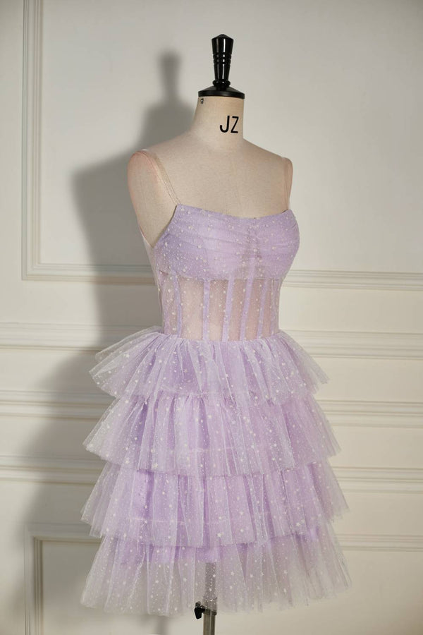 Pleated Lilac Multi-Layers Tulle Homecoming Dress with Polka Dot