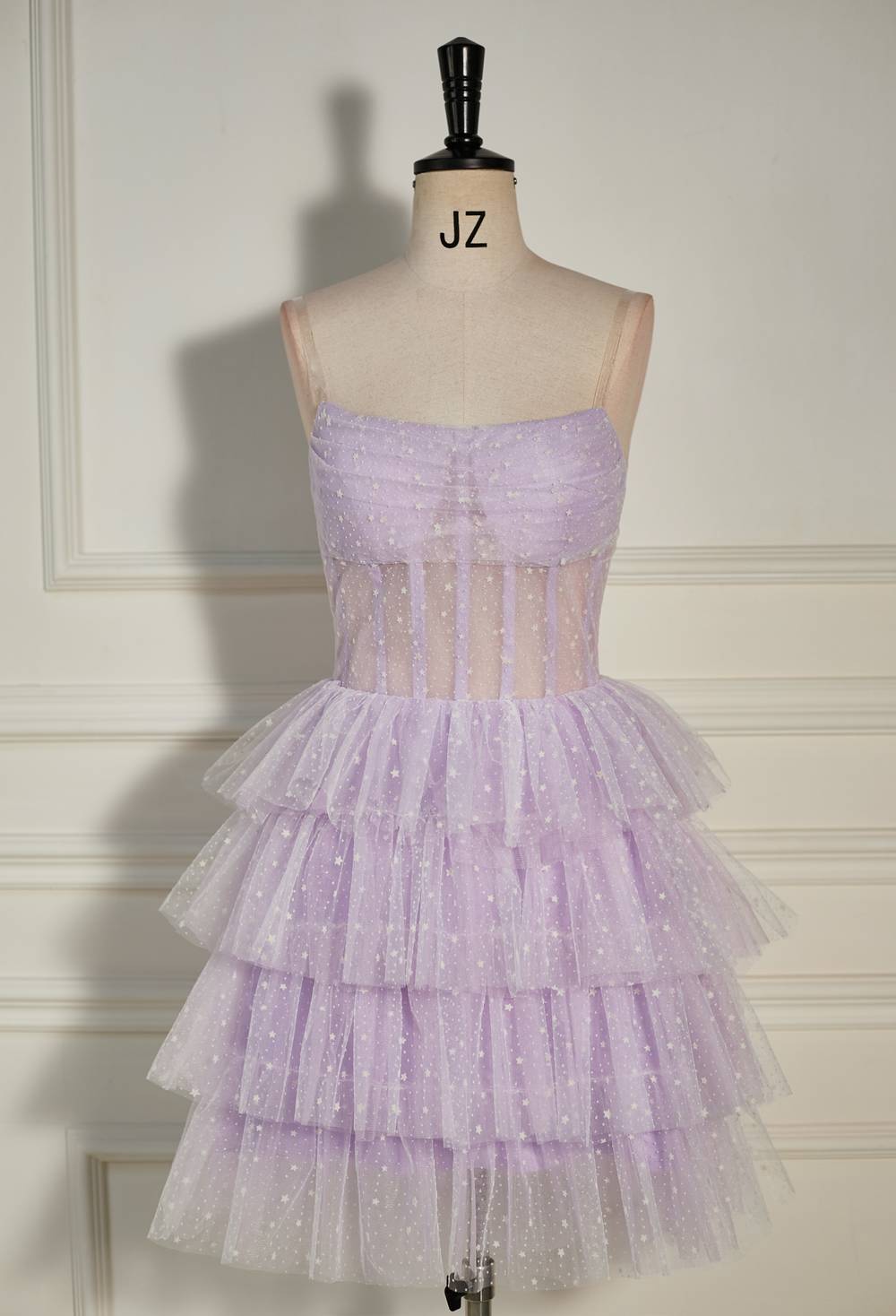 Pleated Lilac Multi-Layers Tulle Homecoming Dress with Polka Dot