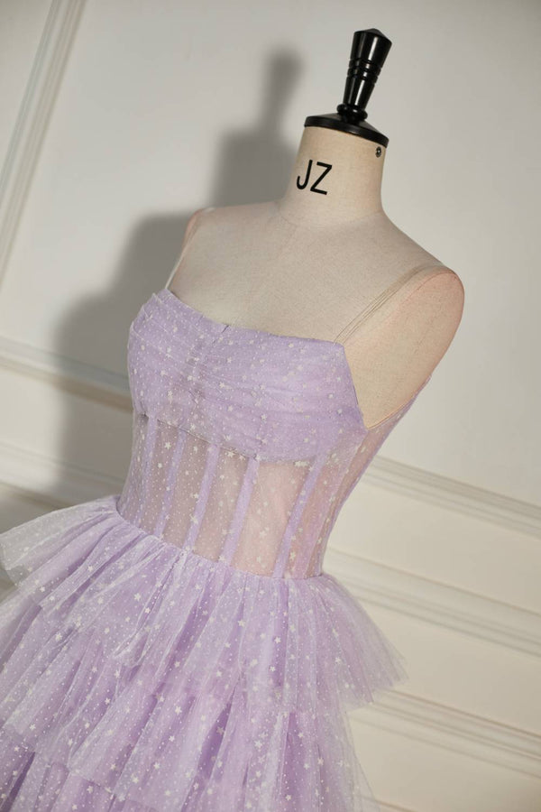 Pleated Lilac Multi-Layers Tulle Homecoming Dress with Polka Dot