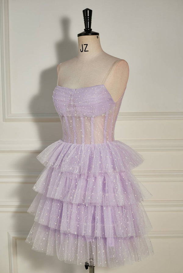 Pleated Lilac Multi-Layers Tulle Homecoming Dress with Polka Dot