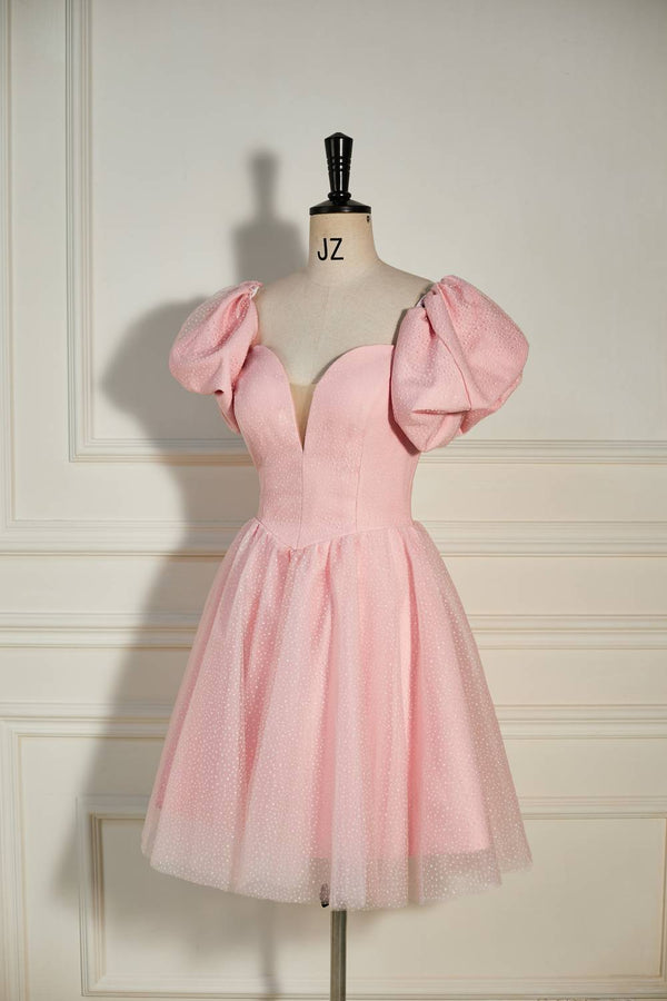 Strapless Pink Balloon Sleeves Short Party Dress with Dots